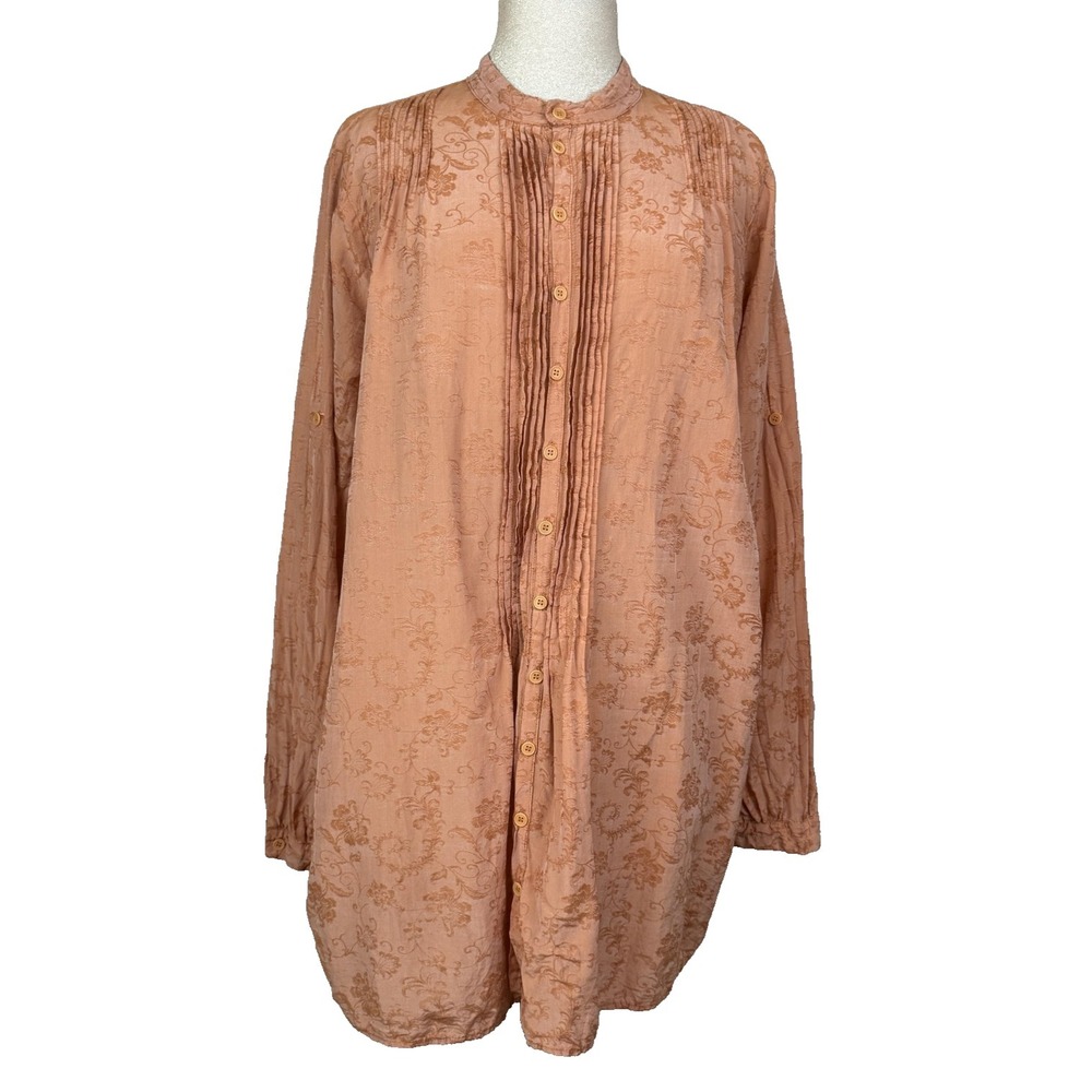 CP Shades Tunic Top Womens XL Orange Floral Jacquard Button Boho Coastal